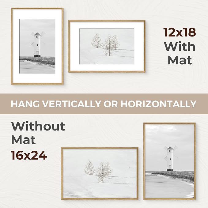 16x24 Picture Frame with Mat for 12x18, USA-Sourced Oak Wood Handcrafted Rounded Corner with HD Tempered Glass, 16 x 24 Gallery Wall Frames for Posters & Art Prints, Vertically or Horizontally