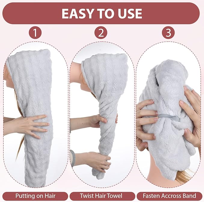 2 Pack Microfiber Hair Towel Wrap for Women, Hair Towel Wrap Super Absorbent Quick Dry Turban for Curly Straight Long Short Thick Wet (27.6" x 9.4")