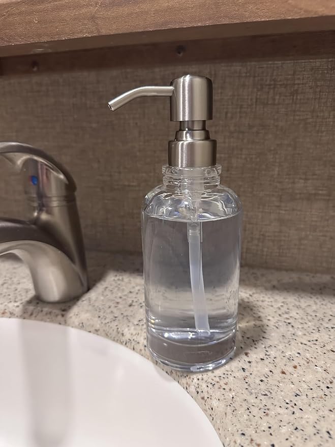 Clear Glass Soap Dispenser with Brushed Nickel Pump, 11 OZ Liquid Soap Dispenser Cylindrical with Stainless Steel Pump for Dish Hand Soap Bathroom Kitchen Vanity Countertop