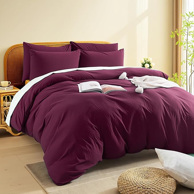 NEXHOME PRO 100% Washed Cotton Duvet Cover Full Size, Ogranic Natural Linen Feel Breathable Bedding Set with Zipper Closure, 3 Pieces Duvet Cover Set Wine (No Comfortert) 8090