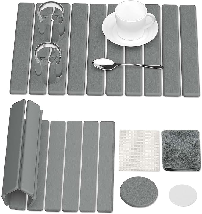 Stone Dish Drying Mat for Kitchen Counter, 24"(L)×16"(W) Collapsible Fast Drying Diatomaceous Earth Mats with Towel Sanding Tool,Versatile Stone Drying Mats for Cups Dishes Bottles Bathroom -Gray