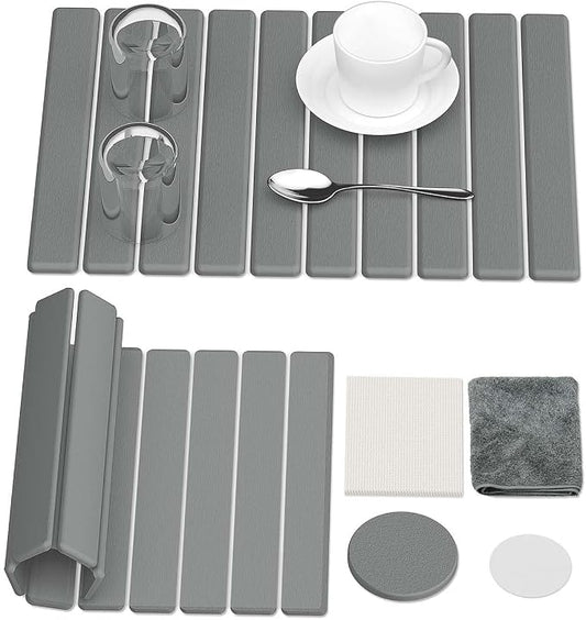 Stone Dish Drying Mat for Kitchen Counter, 24"(L)×16"(W) Collapsible Fast Drying Diatomaceous Earth Mats with Towel Sanding Tool,Versatile Stone Drying Mats for Cups Dishes Bottles Bathroom -Gray