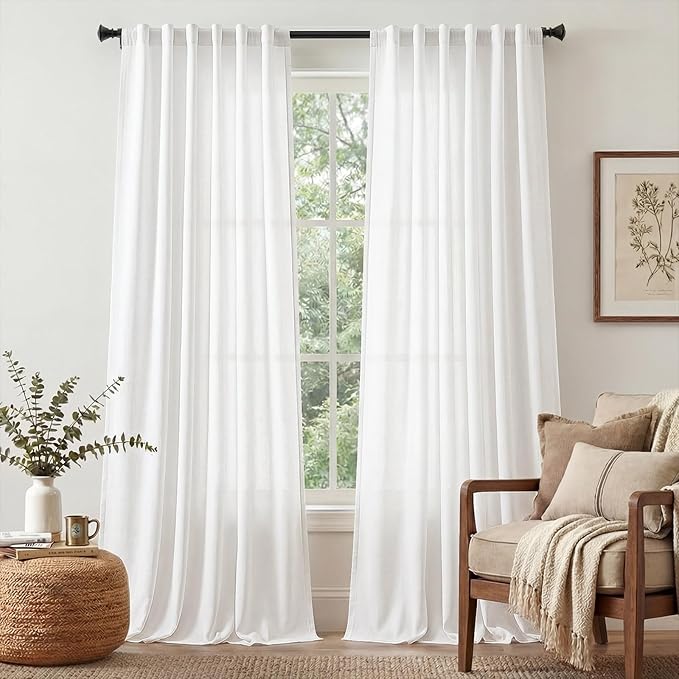 jinchan Linen Blend Curtains 96 inch Length 2 Panels for Bedroom Living Room, Floor to Ceiling 50 inch Wide Farmhouse Drapes with Rod Pocket Back Tab(50W x 96L, Off White)