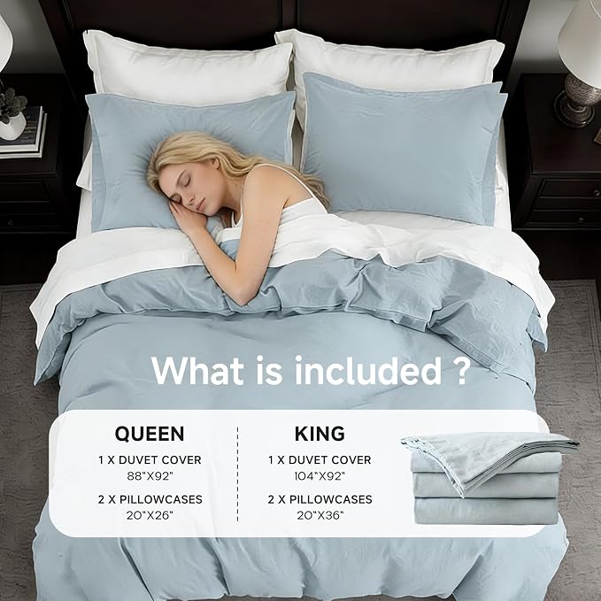 QKTE French Linen Duvet Cover Set, 3 PCS Natural French Flax Dusty Blue Duvet Cover Queen Size, Breathable Soft Comfy Linen Bedding Comforter Cover with 2 Pillowcases(Dusty Blue, 88" x 92")