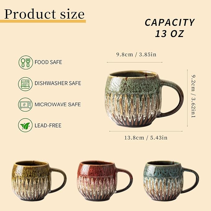 13oz Large Coffee Mug - Unique Handcrafted Look Ceramic Cup, Large Tea Mug, Microwave & Dishwasher Safe (green,Set of 4)
