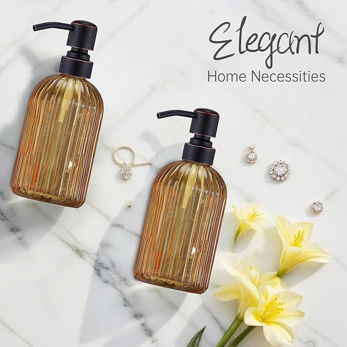 16 OZ Amber Glass Soap Dispenser, Amber Stripe Bathroom Hand Soap Dispensers with Stainless Steel Bronze Pump,Brown Glass Kitchen Hand Soap Dispenser with Oil Rubbed Bronze Pump,2 Packs