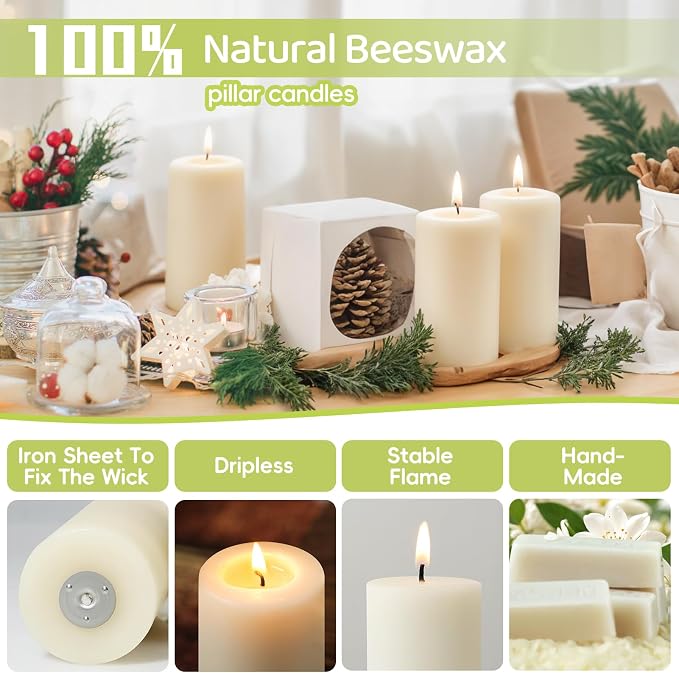 Beeswax Candles Pillar,Ivory White Unscented Candles -258 Hours Long Clean Burning,100% Pure & Natural Bees Wax Candles for Home,Prayer,Dripless Smokeless Organic Pillar Candles Bulk-2x4in-6 Pack