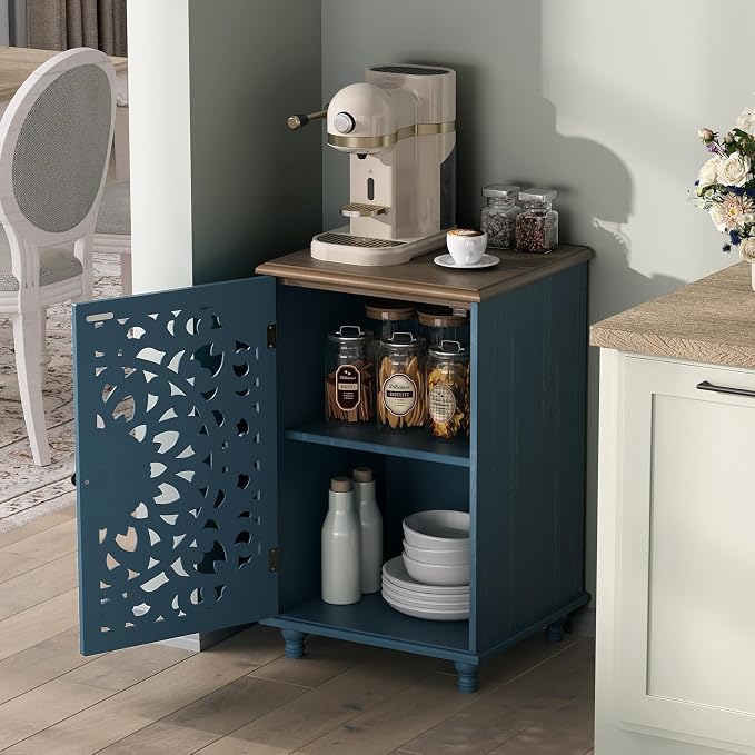 JOINICE Small Accent Cabinet with Hand-Carved Door for Living Room/Bedroom | Hand-Carved Floral Design, Farmhouse/Rustic Style, Space-Saving, Sofa Table, Solid Wood Legs, Adjustable Shelf, Easy Assembly