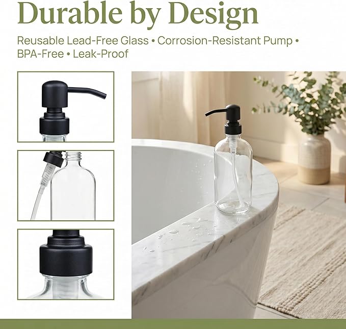 4 Pack Glass Soap Dispenser with Matte Black Stainless Steel Pump, 16 Oz Clear Boston Round Bottles Bathroom Kitchen Soap Dispenser for Essential Oil, Dish Soap, Hand Soap, Lotion Soap