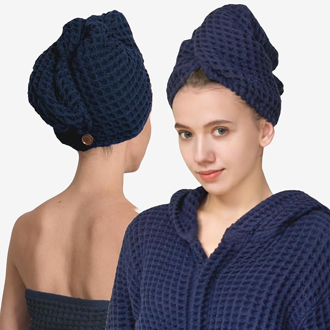Luxury Organic Japanese Cotton Hair Drying Waffle Towel Wrap for Women | Absorbent, Quick-Dry Head Turban for Shower, Sauna, Spa | Extra Large for Long, Curly, Straight Hair With Button (Blue, 1 Pc)
