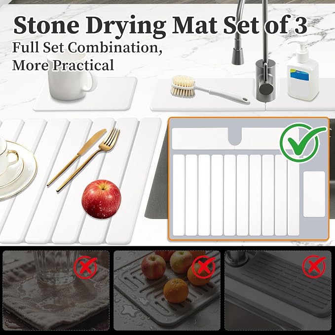 Diatomaceous Stone Drying Mat for Kitchen Counter with Sink Faucet Mat, White Absorbent Quick Dry Dish Drying Mat Set, Diatomite Stone Slat Countertop Pad for Dishes, Cups