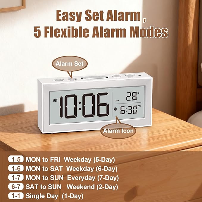 ALANAS Battery Operated Alarm Clock, Portable Digital Clock with Large Display, Snooze, Temperature & Date, Auto-Dim Night Light for Easy Reading, Ideal for Seniors, Kids, Bedroom, Travel, Nightstand