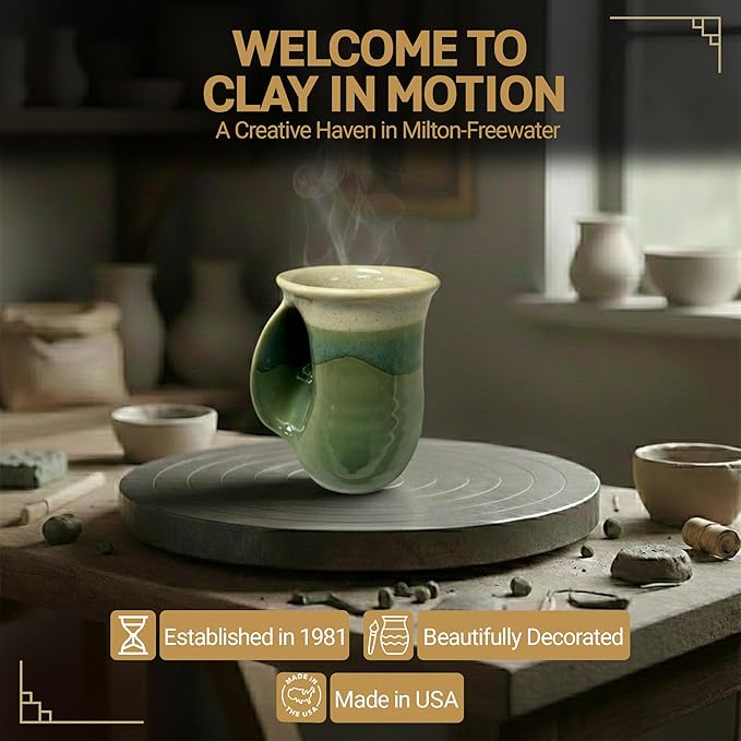Clay in Motion Hand Warmer Coffee Mug – Handmade Coffee Mug With Comfortable Handle Contoured Pocket Hand Warming Ceramic Coffee Mug – Proudly Made in USA – Left Handed – 14 Oz - Grass Lands