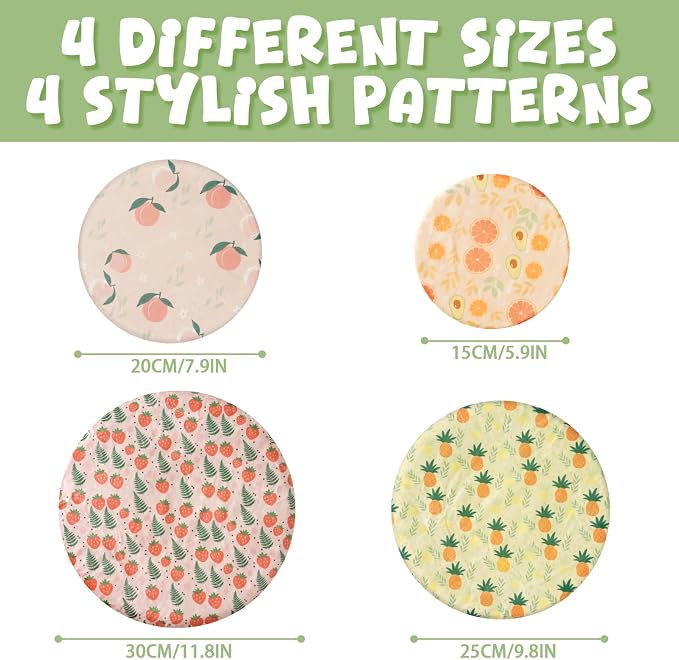 4-Pack Reusable Beeswax Bowl Covers with Fruit Pattern, 6/8/10/12 Inch Elastic Cotton Food Storage Covers for Bread Proofing, Sourdough Dough, Kitchen Containers & Food Storage