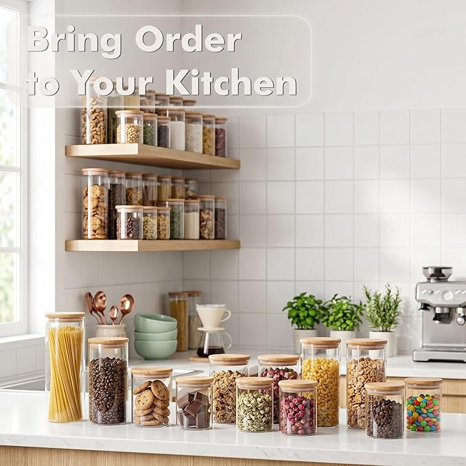 6-Pack 0.6Qt Small Round Glass Storage Jars with Bamboo Lids, Pantry Storage Containers for Neat Organization, Ideal for Minimalist Kitchen Organizer, Nut, Coffee Beans, Cookie, Candy, Tea