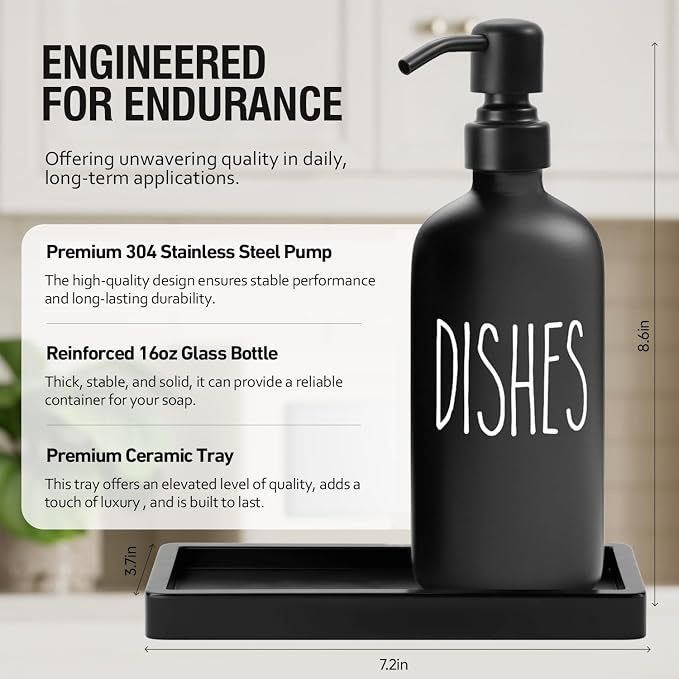 MOMEEMO Matte Black Soap Dispenser Set, Contains Dish Soap Dispenser for Kitchen and Hand Soap Dispenser with Ceramic Tray, Suitable for Black Kitchen Decor. (Black)