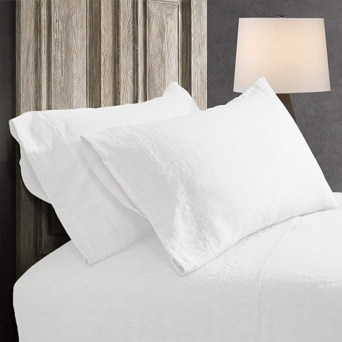 100% French Linen Pillowcases with Handmade Hemstitch Lace - Pack of 2 - Washed Solid Color Natural Flax Soft Breathable - White, 20'' x 30''