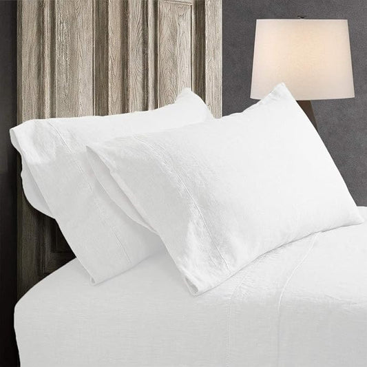 100% French Linen Pillowcases with Handmade Hemstitch Lace - Pack of 2 - Washed Solid Color Natural Flax Soft Breathable - White, 20'' x 30''