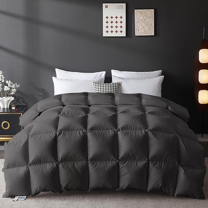 L LOVSOUL Goose Feather Down Fiber Comforter Oversize King Size, 100% Organic Cotton Fabric Duvet Insert,1200TC,750+FP, Hotel Collection, Heavyweight Grey Bedding Comforters with 8 Tabs,116oz