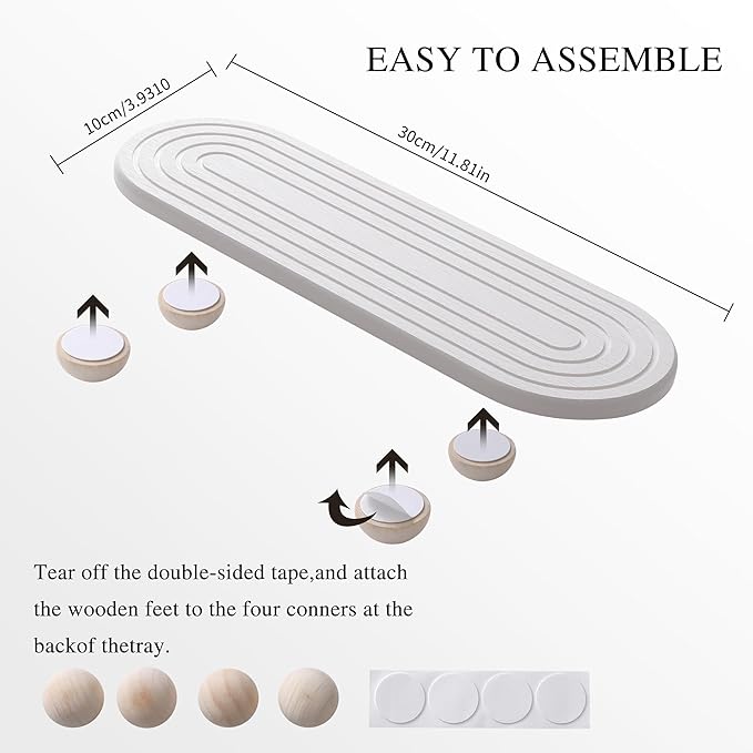 2PCS Water Absorbing Stone Tray for Sink, Quick Drying Diatomite Bathroom Tray Countertop, Stone Drying Mat for Kitchen Counter Faucet, Soap Dish Dispenser Vanity Organizer, White-11.8" x 4"