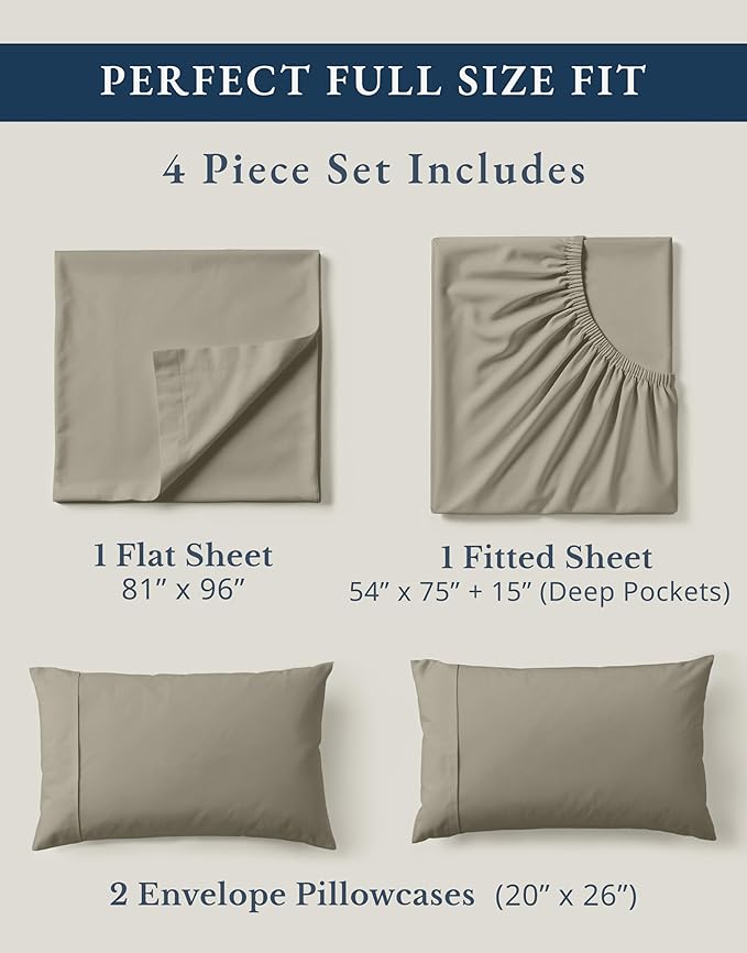 LANE LINEN 100% Organic Cotton Eco Friendly Full Size Sheet & Pillowcase Sets, 15" Deep Pocket Fully Elasticized Soft & Comfy Percale Bedding, Naturally Temperature Regulating Sheets Full- Silver