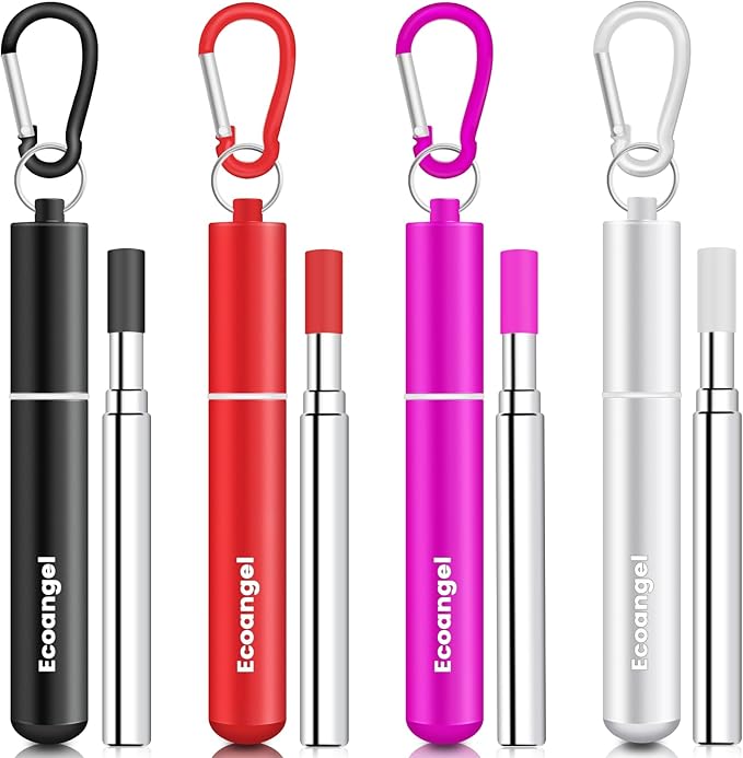 Ecoangel Cruise Ship Essentials,4-Pack reusable Collapsible Stainless Steel Drinking Straws with Aluminum Case,Cleaning Brush,and Keychains (Black&rose gold&silver&red)