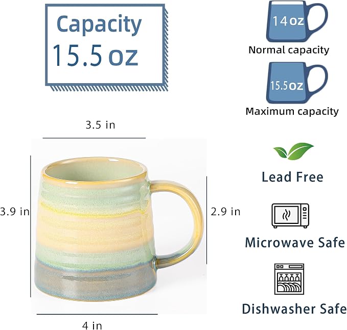Large Ceramic Coffee Mug, Handmade Pottery Mugs, Tea Cups with Big Handle for Office and Home, 15.5 oz, Dishwasher and Microwave Safe (Grayish Blue)