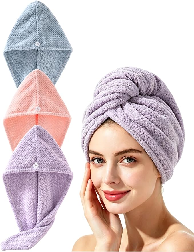 Lumimi Microfiber Hair Towel Wrap 3 Pack for Women with Button Hair Drying Wrap for Straight Curly Hair(3 Colors B)