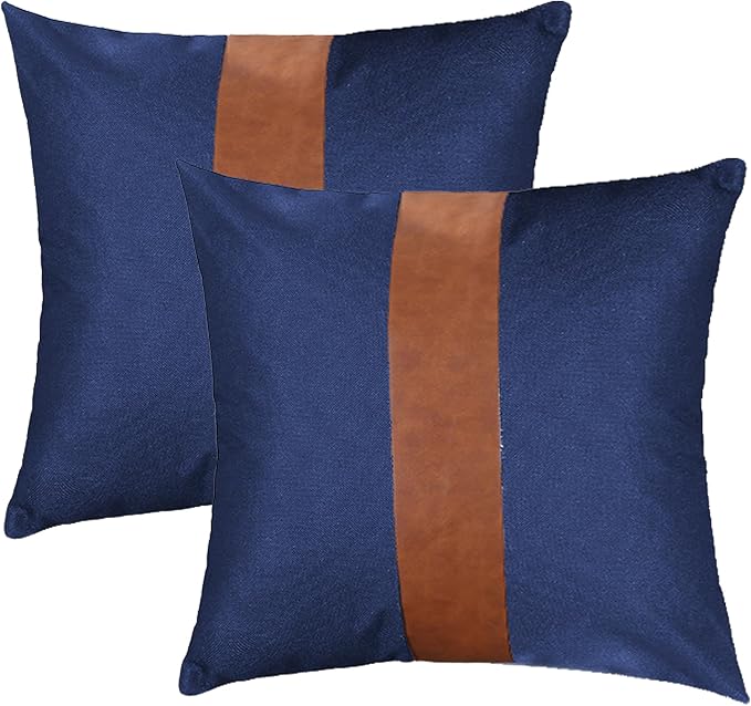 TAOSON Set of 2 Cotton Canvas Patchwork Faux Leather Throw Pillow Covers 18x18 Inch Stripe Pillow Cushion Covers Farmhouse Decor Pillow Cases for Couch Living Room Bed Sofa Decor Brown Navy Blue