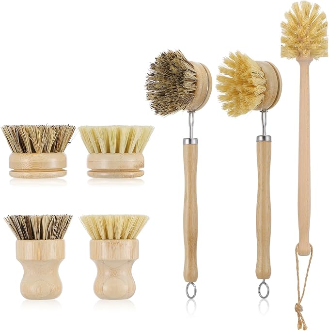 7-Piece Bamboo Dish Brush Set, Natural Kitchen Scrub Brush Kit with Wooden Handle for Pots, Pans, Vegetables, Eco-Friendly Cleaning Tools