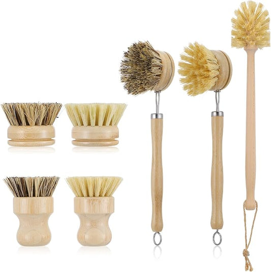 7-Piece Bamboo Dish Brush Set, Natural Kitchen Scrub Brush Kit with Wooden Handle for Pots, Pans, Vegetables, Eco-Friendly Cleaning Tools