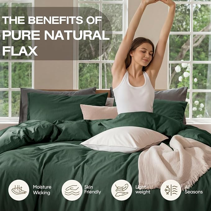 100% Pure French Flax Linen Blend Duvet Cover Set Queen Size, 3-Piece Breathable Bedding Set with Long Zipper Closure & Corner Ties, Soft, Lightweight & Durable Bedding Ideal for Hot Sleepers