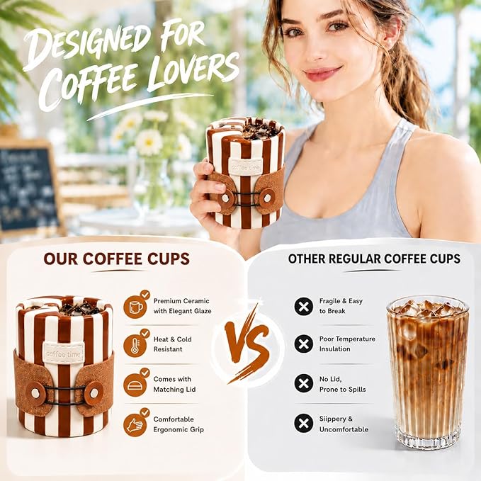Shelprojsu 10oz Ceramic Travel Coffee Mug,Ceramic Mug with Sip hole Hand Painted Coffee Mugs with Sleeve Cup,Can Work as a Gift Ideal for Coffee Lovers (Brown)