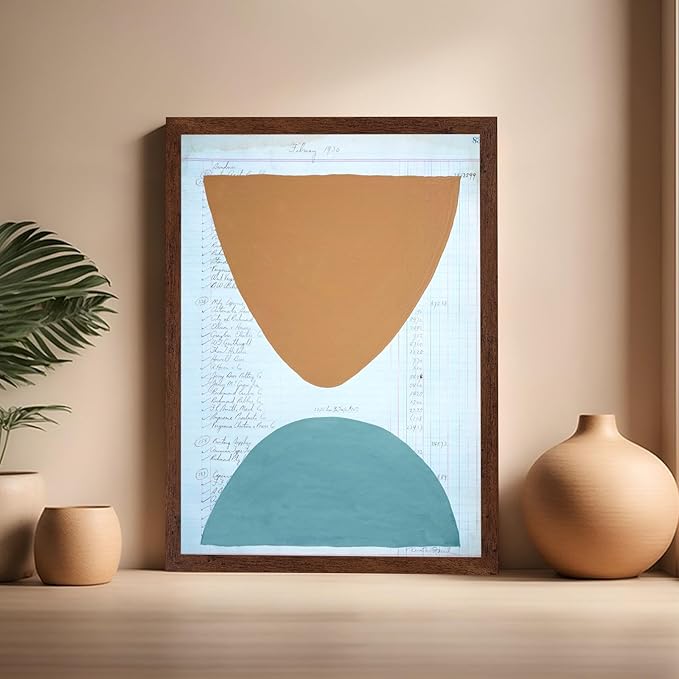 Monem Art Abstract Ledger Paper Geometric Print - Modernist Organic Shapes Art Poster - Wall Decor for Office, Living Room or Studio - 16x20 Brown Framed Wall Art by Renee Stramel