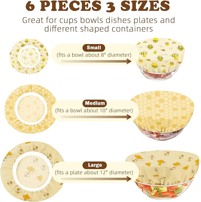 Reusable Beeswax Bowl Covers for Bread Proofing & Food Storage, Eco-Friendly Organic Cotton & Natural Wax & Resin, for Baking, Picnic, Pet Food, Sustainable Kitchen (Honeybee001, 2*12''+2*10''+2*8'')