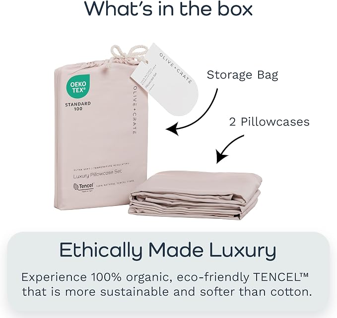 Olive + Crate Tencel Eucalyptus Pillowcases - 100% Tencel Lyocell Cooling Pillow Cases for Hot Sleepers - Hypoallergenic, Moisture-Wicking, Silk Alternative, Vegan - King Size Set of 2 [Barely Pink]