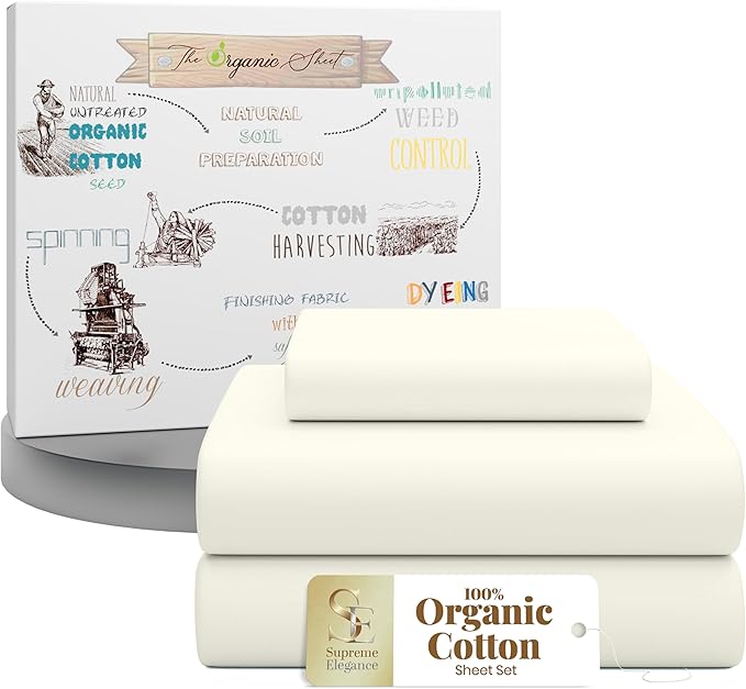 Supreme Elegance 100% Organic Cotton Twin Sheets Set (3 Pieces), Percale, Includes 16" Deep Pocket Fitted Sheet - Crisp, Breathable & Cooling Sheets for Hot Sleepers, Brushed for Softness, Light Ivory