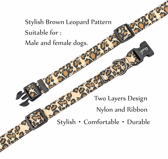 Dog Collar Leash Set, Leopard Pattern, Nylon Webbing Plus Cotton Ribbon, 5ft Matching Leash, for Large Dogs.(L, Brown Leopard)