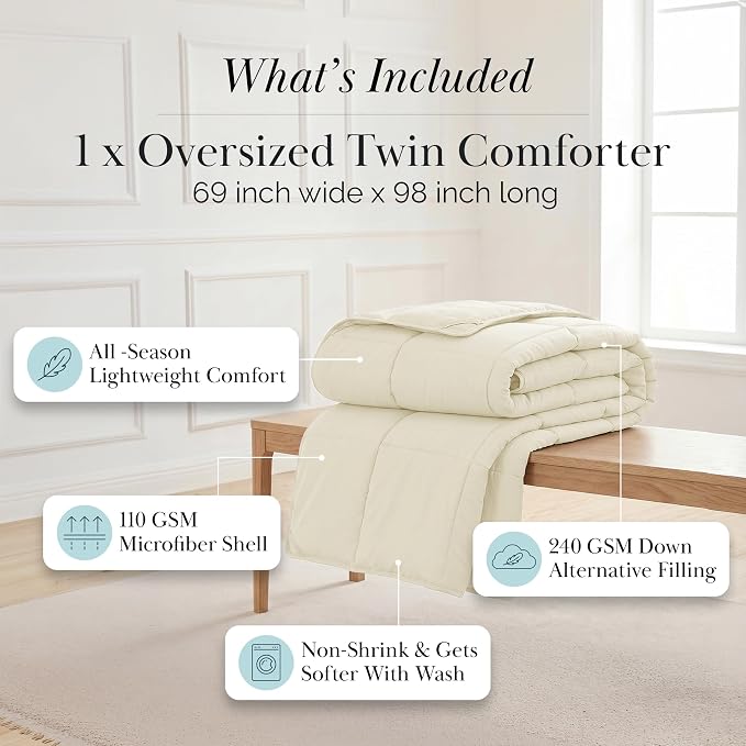 Southshore Fine Living, Inc. Twin Comforter/Duvet Insert, Down-Alternative Comforter, Twin Size Pet Hair Resistant Bedding, Fluffy Comforters, All Season Twin/XL Bedding, Cream Color
