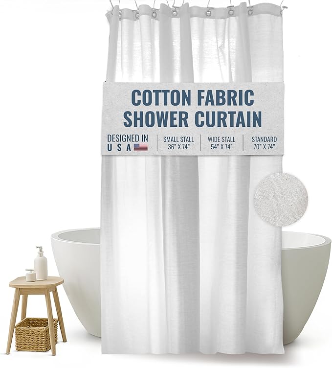 FABRIC SHOWER CURTAIN LINER 36"x74" SMALL Stall Size - Stylish Quality Bathroom Drape - Earth Friendly Non-Toxic Odor-Free WHITE Cotton Liner, Light-Weight Washable natural Shower Curtain 36WC