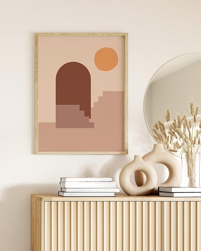 Abstract Architecture Wall Art Archway Stairs Sun Geometric Shapes Earth Tones Terracotta Mid Century Modern 12x16 Inch Oak Wood Beige Framed Minimalist Boho Office Decor