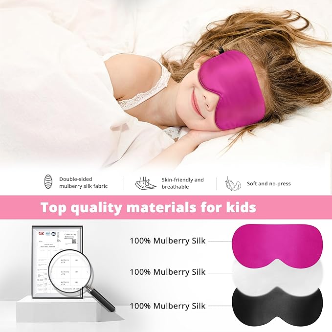 Kids Sleep Mask Eye Cover, 100% Real Natural Pure Silk Eye Mask with Adjustable Strap, Blindfold Kids Eye Mask for Sleeping, Eye Shade for Boys Girls and Adult, Pressure-Free Comfort (Rose red)