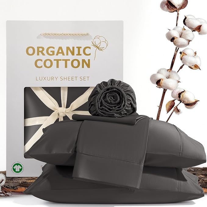 SONORO KATE 100% Organic Cotton Sheets Set - 1000 High Thread Count, GOTS Certified Long Staple Cotton Bed Sheets, Soft, Breathable 5-Star Hotel Sheets, 16" Deep Pockets - 4 PC (Dark Grey,Queen)