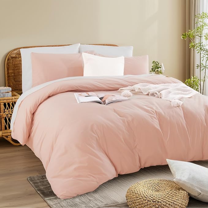 NEXHOME PRO Duvet Cover Set Kids Twin Size Linen Feel Textured Organic Natural 100% Washed Cotton Duvet Cover 2 Pieces Bedding Set with Zipper Closure, Breathable, Dusty Pink(No Comforter)