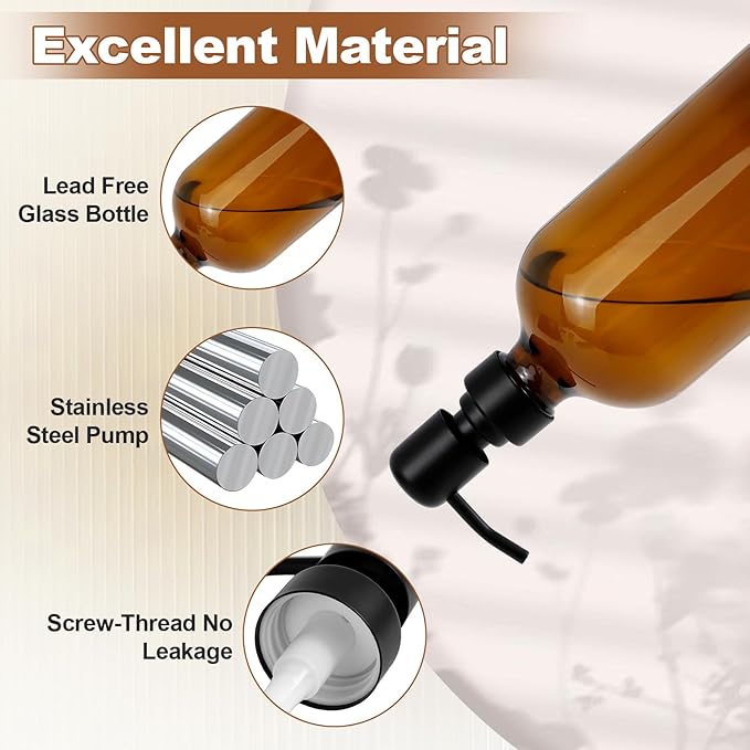 Amber Glass Soap Dispenser, Sturdy Hand Soap Containers with Waterproof Labels and a Foldable Funnel, Refillable Dish Soap Bottles Set for Bathroom Kitchen Hotel