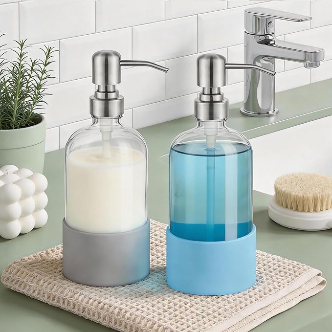 16 oz Hand and Dish Soap Dispenser Set for Kitchen and Bathroom, 500ml Clear Glass Soap Dispenser with Stainless Steel Pump, Non-Slip Silicone Sleeves, Labels - 2 Pack