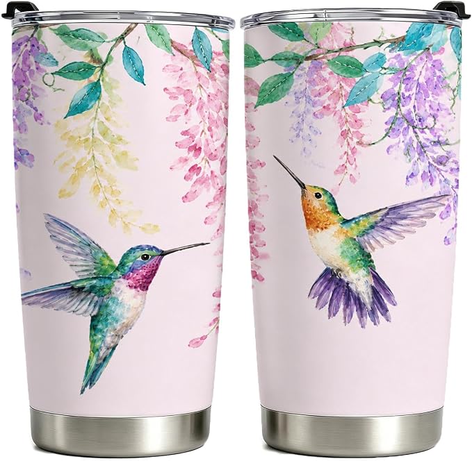 Hummingbird Insulated Tumble, 20oz Stainless Steel Coffee Travel Mug with Lid & Straw, Cute Vacuum Wine Cup, Gift for Women, Girls, Birthday, Christmas and Thanksgiving