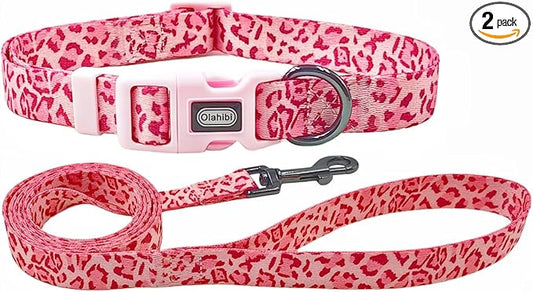 Dog Collar Leash Set, Leopard Pattern, Polyester Material, Adjustable Collar and 5ft Matching Leash, for Puppy Dogs.(XS, Pink Leopard)