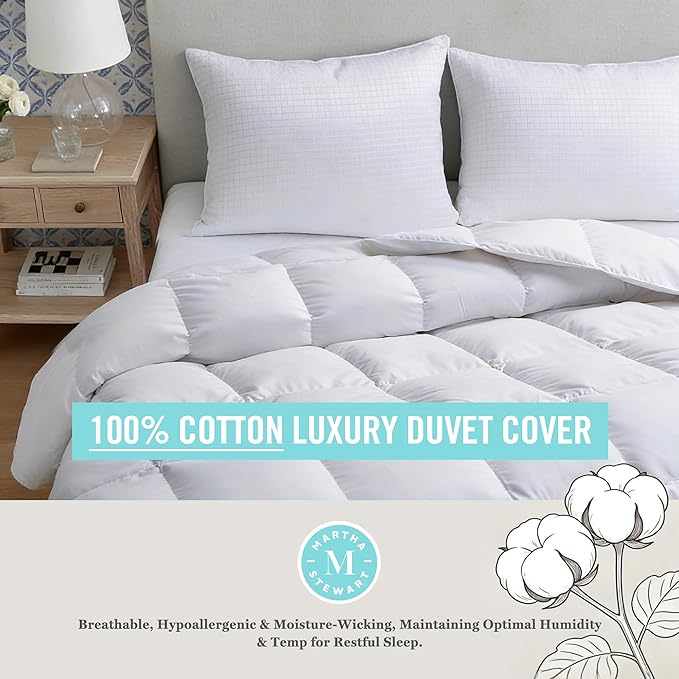 Martha Stewart Luxury White Goose Feathers Down Fiber Comforter King Size - Hotel Collection 100% Cotton Cover Duvet Insert, Light Warmth with 8 Corner Tabs, Breathable, Hypoallergenic, 106 x 90 Inch
