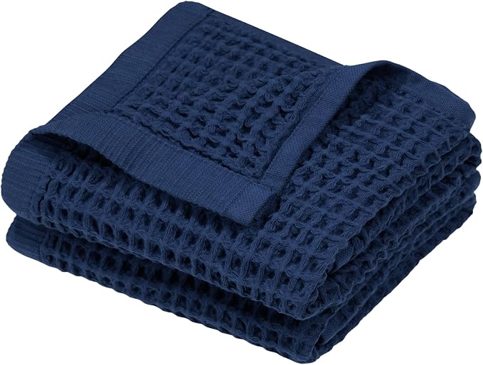 DEMMEX Organic Cotton Waffle Turkish Hand Towels for Bathroom & Kitchen, Large 20x30 in, 100% Oeko-TEX Certified Ultra Soft Turkish Cotton, Lightweight Quick Dry Waffle Weave, Set 2 (Navy Blue)